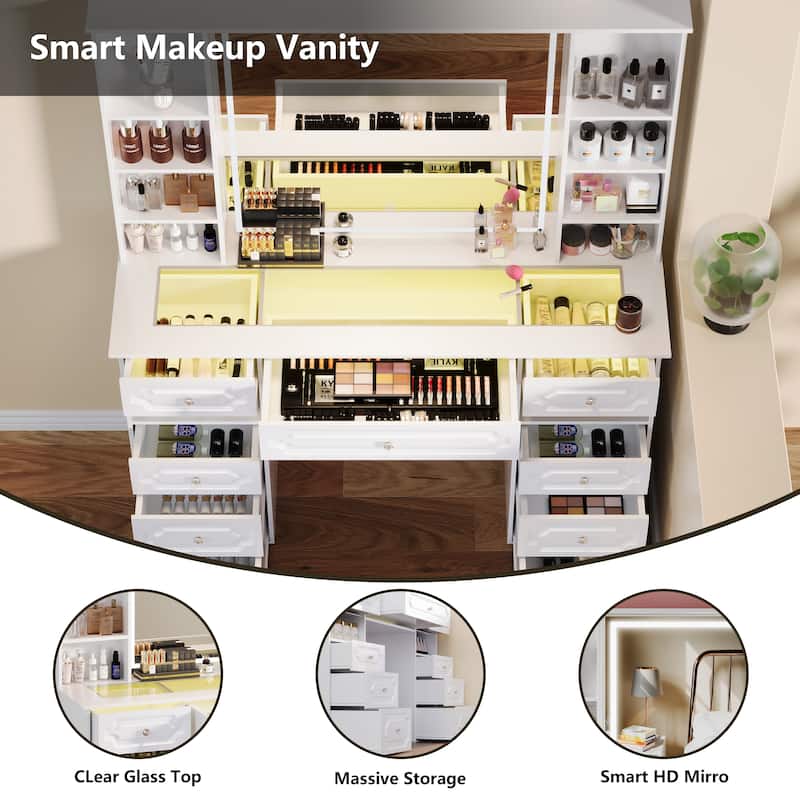 White/ Black Makeup Vanity with Lighted Mirror,Extra Large Vanity Desk with 9 Drawers,European Style Vanities