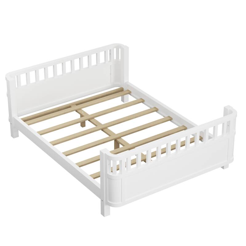 White Full Size Wood Platform Bed with Safety Rails for Kids, Low Profile Design