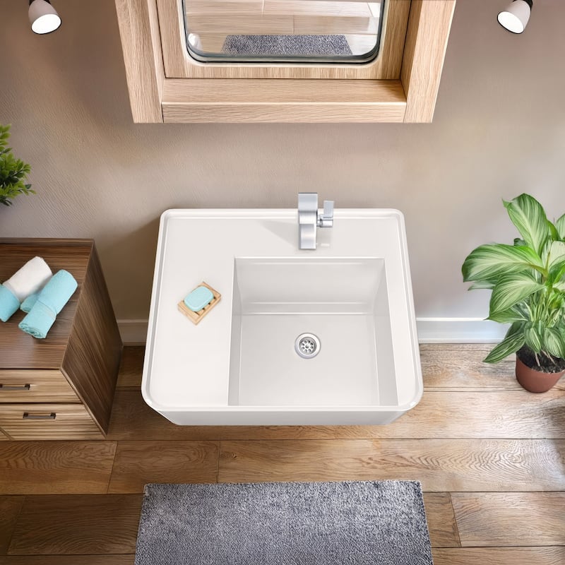 Rectangular Wall Mount Basin with Faucet Drilling Options and Rear Center Drain Location