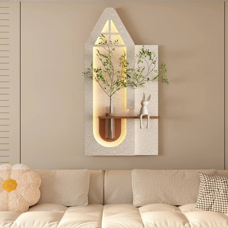 Adjustable 3-Color LED Sandstone Wall Decor with Simulated Green Plants - 3D Art Sculpture, Glass Vase & Rabbit Statue - Brown