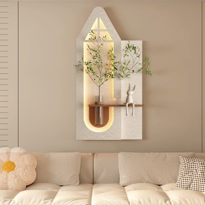 Adjustable 3-Color LED Sandstone Wall Decor with Simulated Green Plants - 3D Art Sculpture, Glass Vase & Rabbit Statue