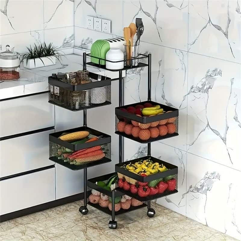 5-Tier Rotating Storage Shelf, Square Metal Kitchen Cart with Wheels