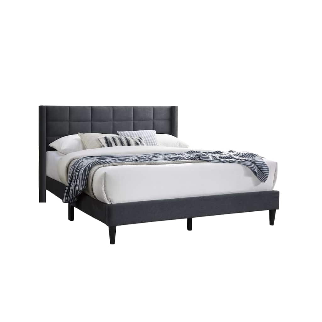 Zensa Full Bed, Charcoal Gray Linen Upholstery, Padded Wing Headboard