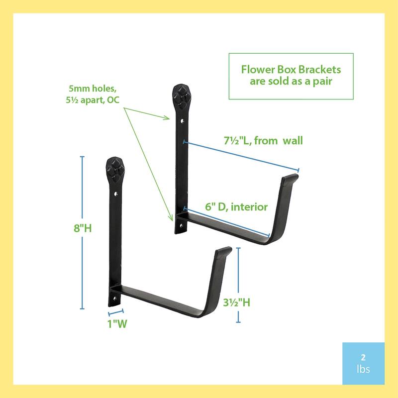 Achla Designs Pair of Wall Mounted Flower Box Brackets, 6 Inch Wide, Black Powder Coat Finish