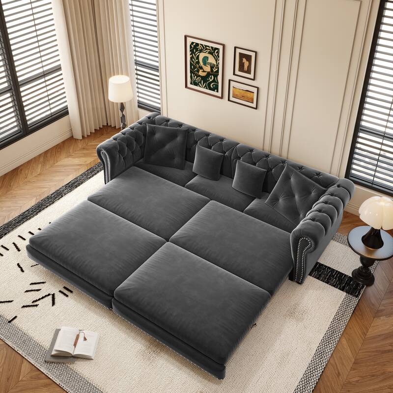 3-in-1 Convertible Pull-Out Sofa Bed w/ Movable Ottoman & 4 Pillows, Velvet Upholstered Rolled Arms Sleeper Couch for Apartment