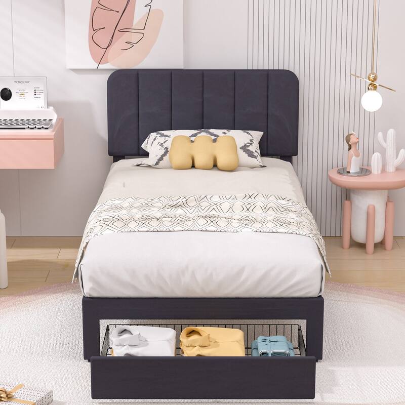 VECELO 2-Pack Kid Bed Frame Set Twin Size Platform Bed with Adjustable Upholstered Headboard Storage Drawer No Box Spring Needed