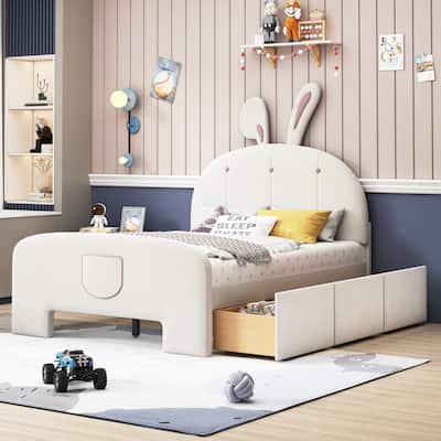 Velvet Platform Bed with Rabbit-Shaped Headboard, with Drawers and Bed-End Storage Pocket