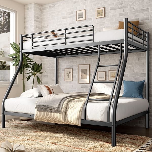 slide 2 of 13, Twin Over Full Bunk Bed with Ladder & Guardrail Heavy Duty, Heavy Duty Metal Slats Full