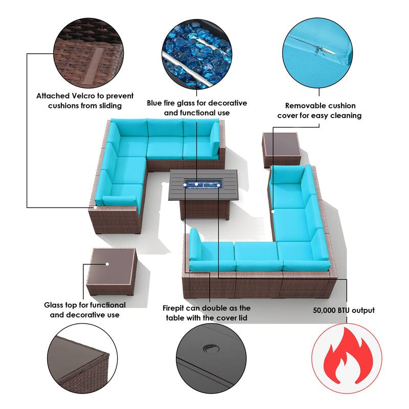 13 Piece Wicker Set Patio Sofa Furniture with Fire Pit And Table