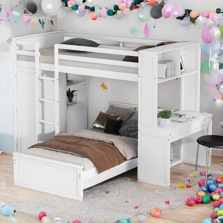 Twin size Wooden Loft Bed with Twin size Stand-alone Bed, Shelves,Desk,and Wardrobe,No Box Spring Required