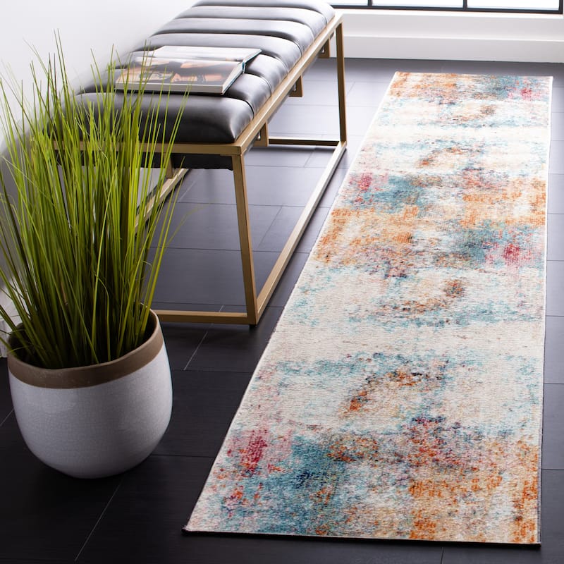 SAFAVIEH Phoenix Eller Modern Abstract Rug - 2'2" x 9' Runner - Aqua/Gold Rose