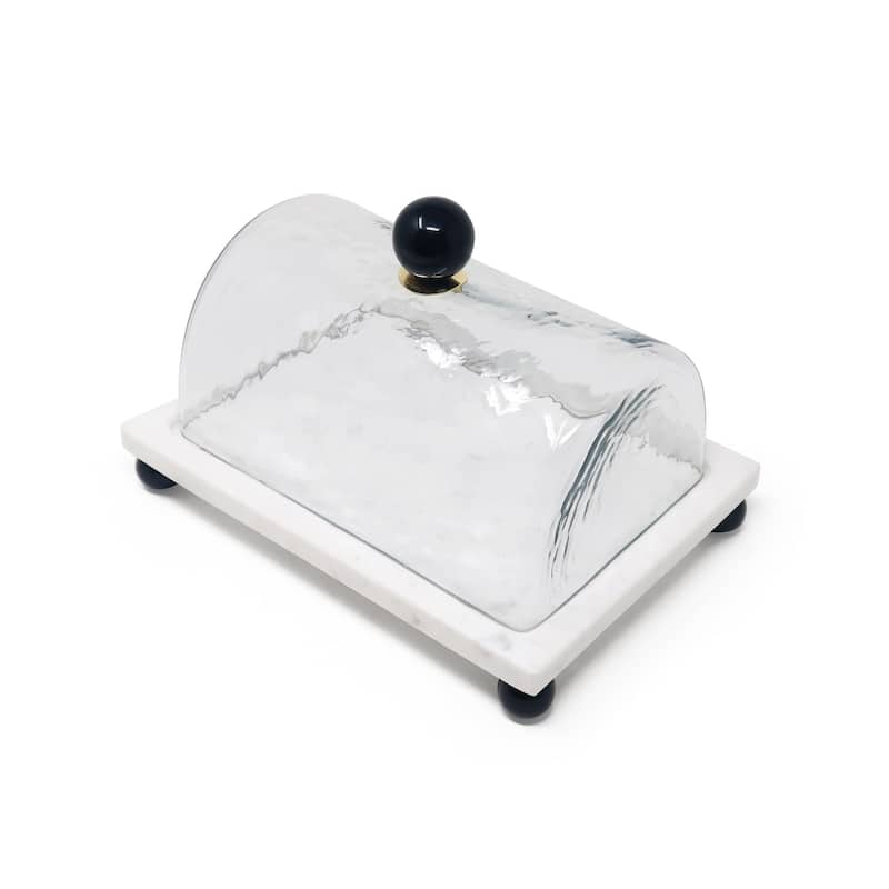 Marble Cake Plater with Glass Cover with Clear Ball Knob - 10.4"L