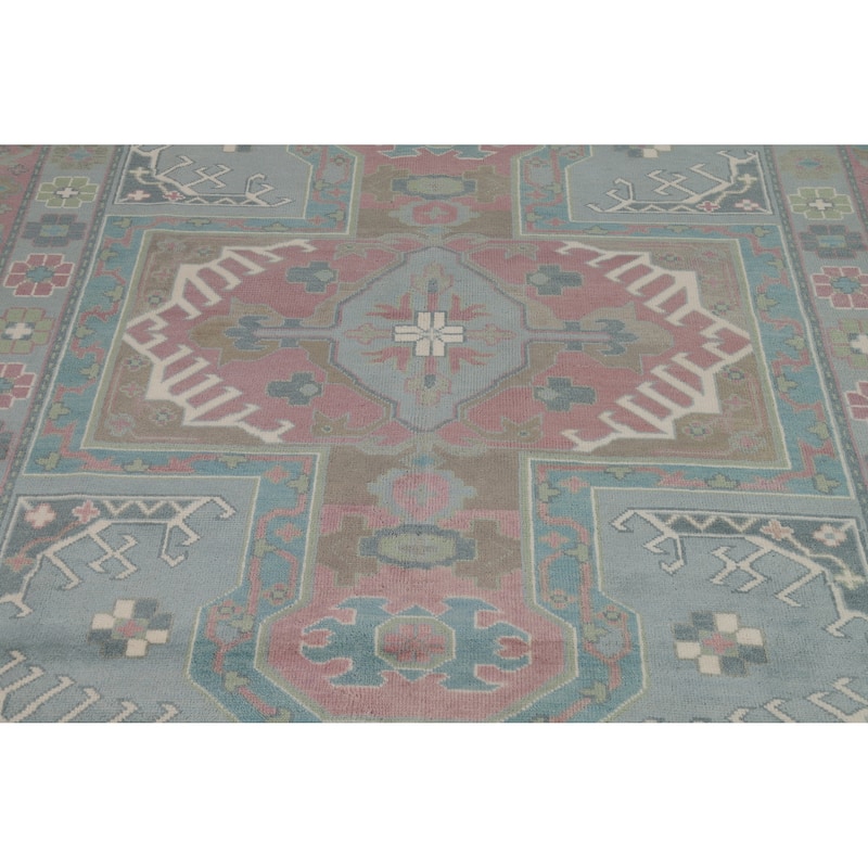 Blues Pink Geometric Oushak Indian Area Rug Handmade Wool Carpet - 8'0" x 10'0"