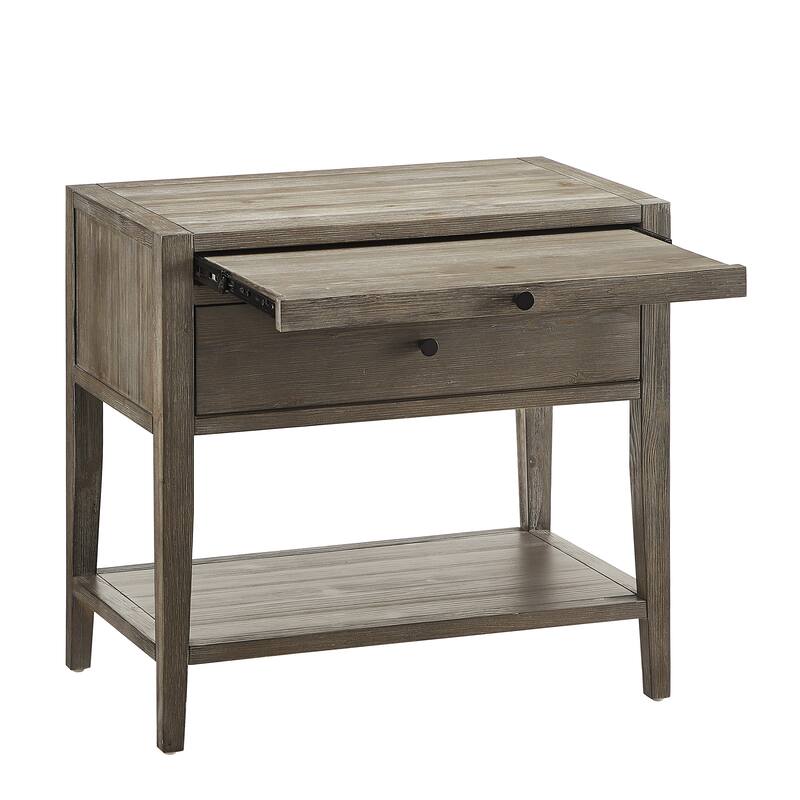1-Drawer Nightstand in Weathered Gray with Pull-Out Tray and Open Shelf