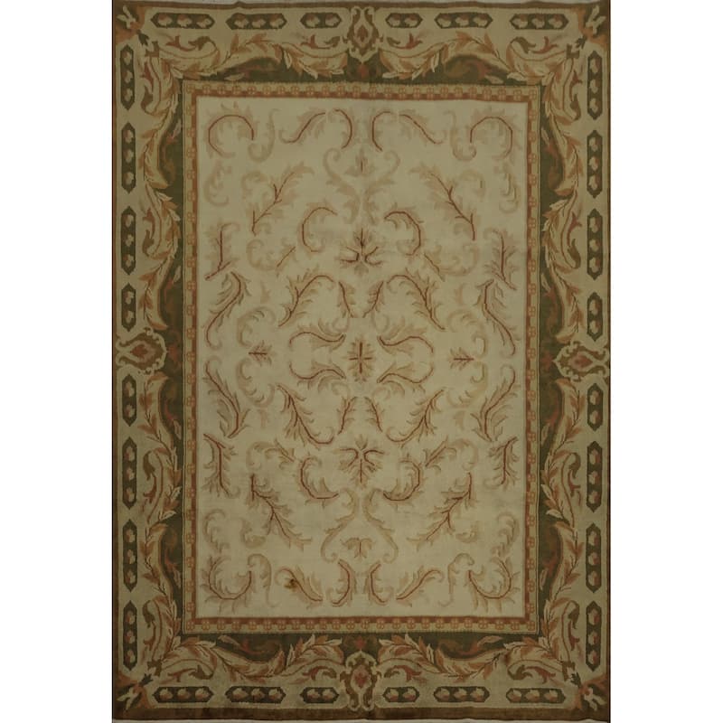 Hand Knotted Oriental 100% Wool Carpet Traditional Floral Beige & Ivories Aubusson Area Rug - 9' 6'' X 7' 7''