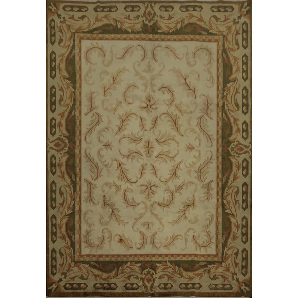 Hand Knotted Oriental 100% Wool Carpet Traditional Floral Beige & Ivories Aubusson Area Rug - 9' 6'' X 7' 7''