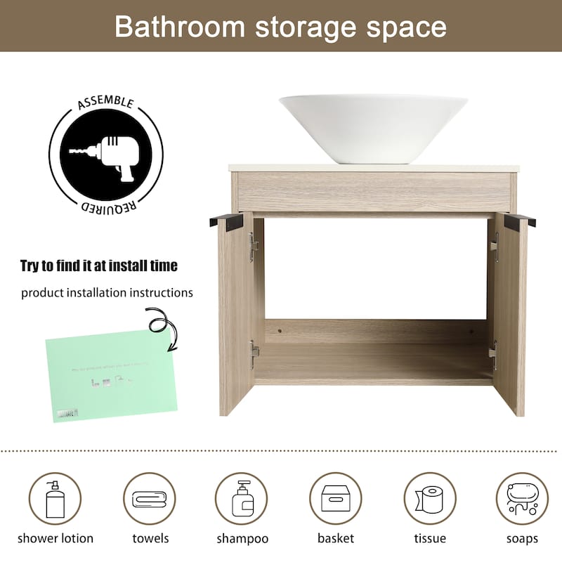 Malwee 24"/30" Floating Bathroom Vanity, Wall Mounted Bathroom Vanity with Ceramic Sink,Soft Close Doors