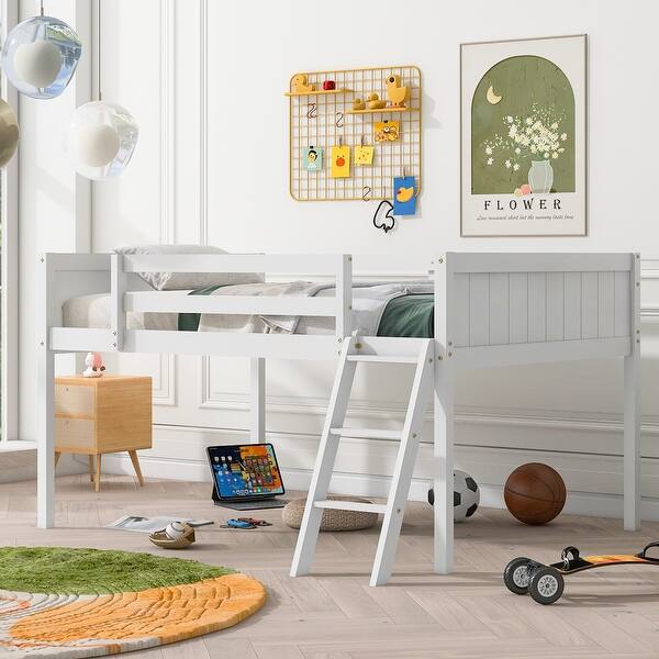 slide 2 of 9, Full Wood Low Loft Bed with Ladder, ladder can be placed on the left or right, White White