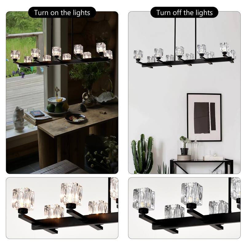 10-Light Black Farmhouse Chandelier, Crystal Linear Pendant Lighting for Dining Room, Kitchen Island, Bar Area, G9 Bulb,40W Max