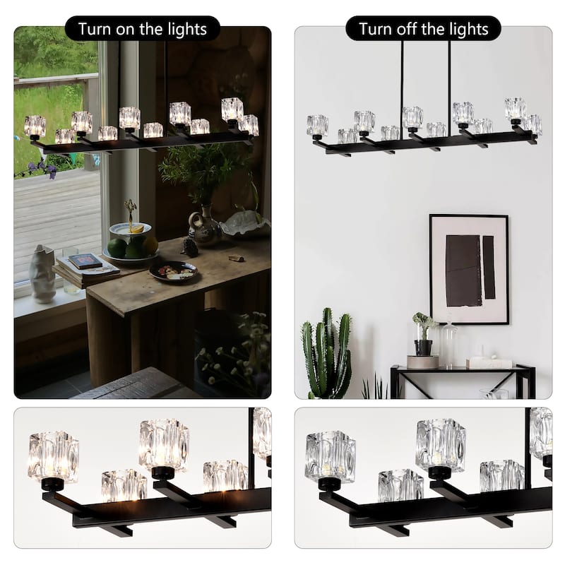 Chandelier for Dining Room, 10-Light Black Farmhouse Linear Pendant Light Fixture, Modern Crystal Hanging Lighting Chandelier
