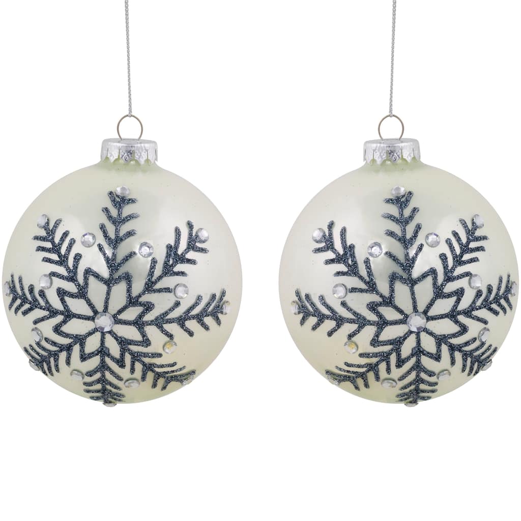 Set of 2 Shiny Pearl White Glittered Snowflake Glass Christmas Ball Ornaments 4"