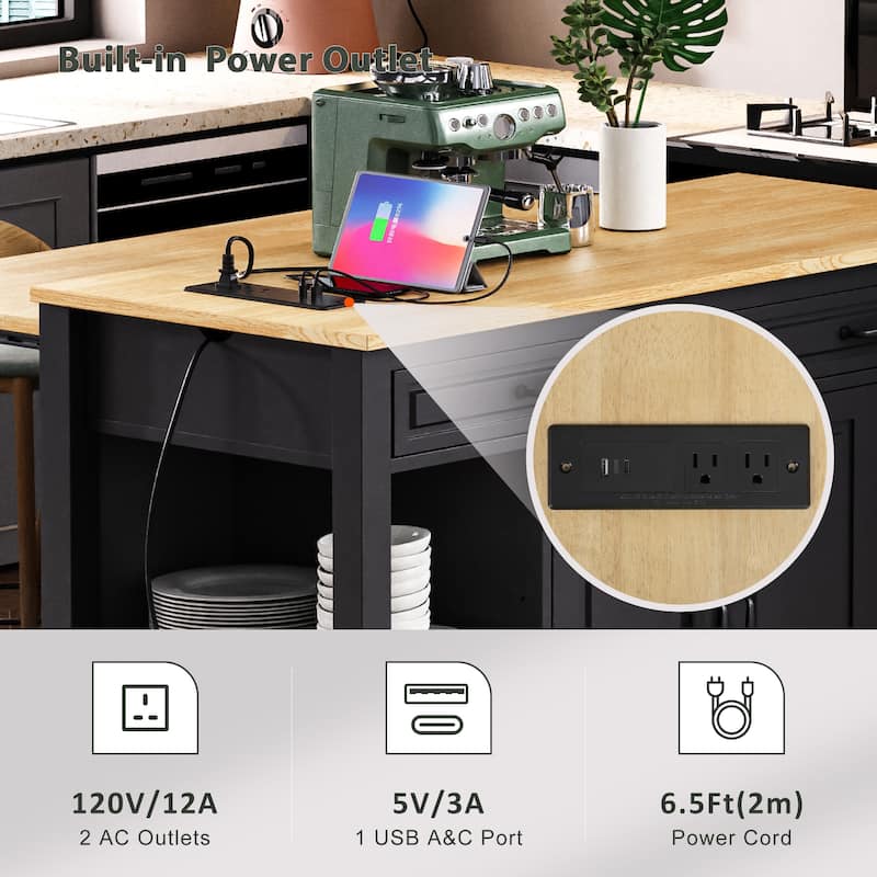 47" Kitchen Island with Extendable Table, Power Outlet, Rubber Wood Top, Storage Cabinet & Drawers