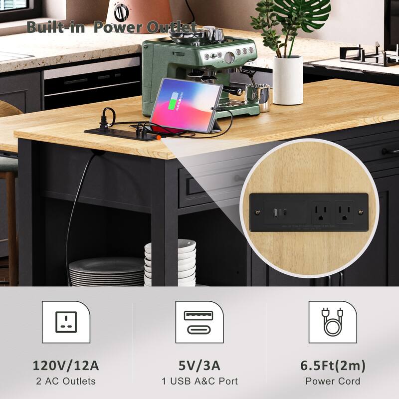 Kitchen Island with Extendable Dining Table,Rubber Wood Veneer Kitchen Table with Internal Storage Rack,Power Outlet - N/A