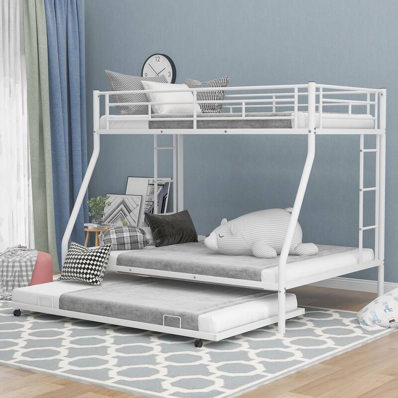 Twin Over Full Metal Bunk Bed with Twin Trundle Sturdy Steel Bunk Beds Frame with 2 Side Ladders, Twin Over Full Triple Bunkbed