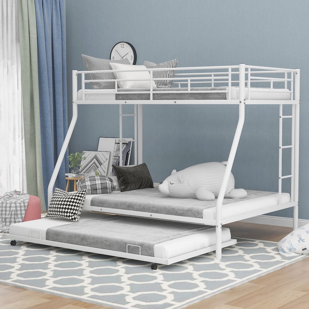 Twin over Full Bunk Bed with Trundle, Two-Side Ladders, White