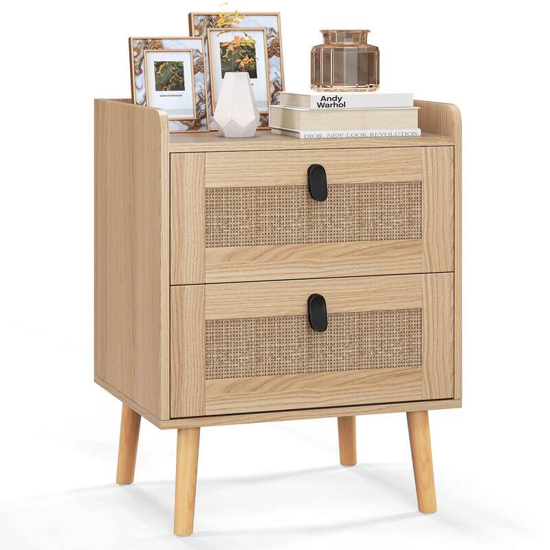 Costway Modern Nightstand End Bedside Table with 2 Rattan Drawers & - 1 PC