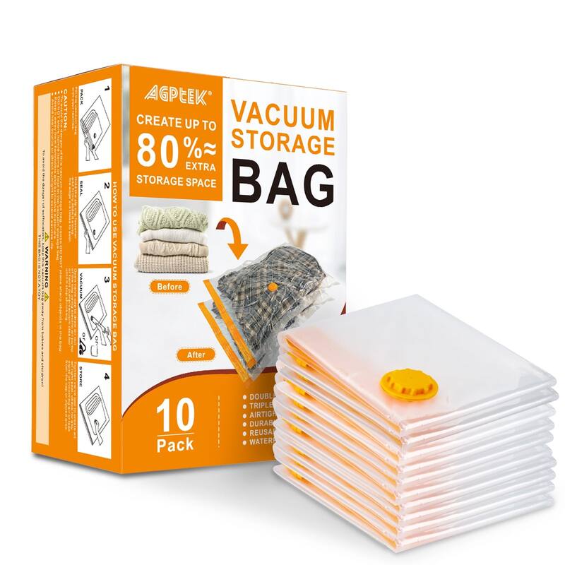 AGPtEK 10 Pcs Vacuum Storage Bags for Clothes, Blankets, Comforters - L - Clear Orange