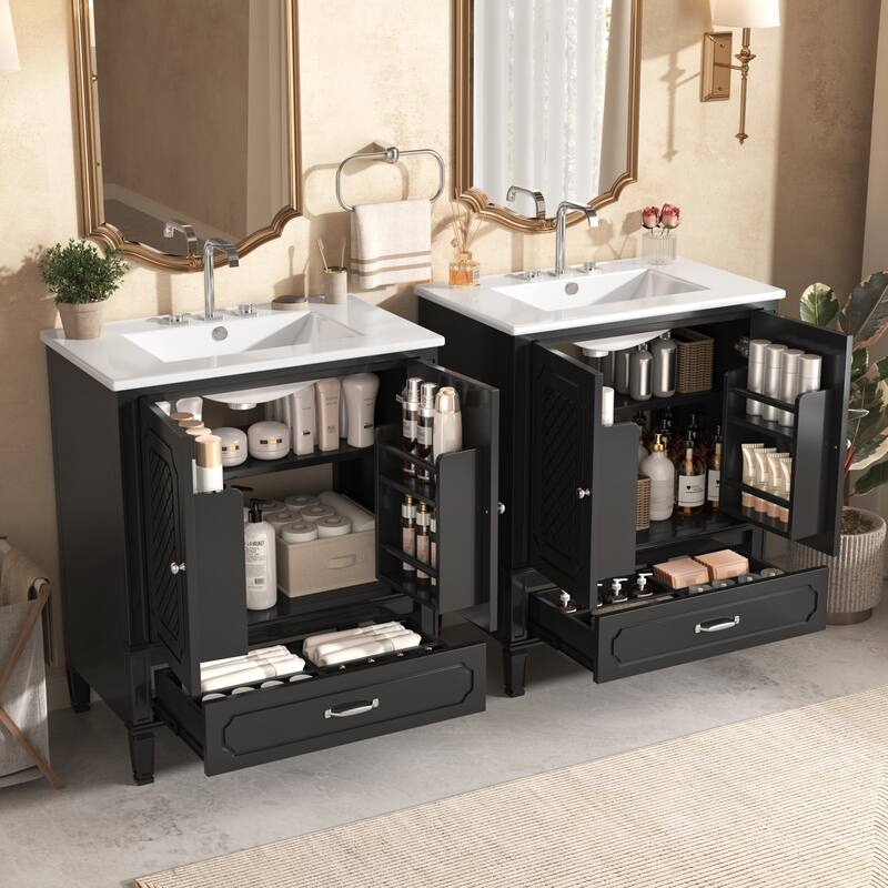 60" Bathroom Vanity with Double Ceramic Sink Combo Set, 2 Free Standing Cabinet with Soft-closing Door Organizers, 2 Drawers