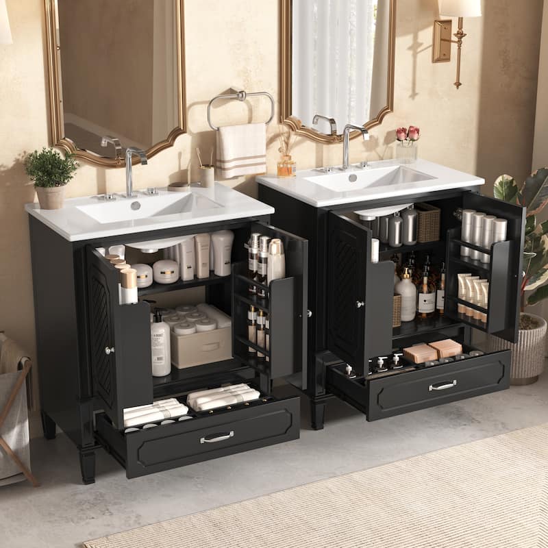 Roomfitters Bathroom Vanity with Double Sink Combo Set, Two Cabinets with Door Organizers and Two Drawers