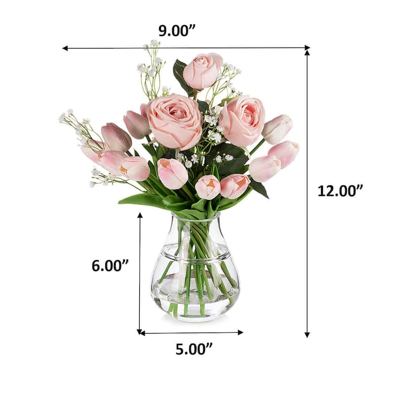 Mixed Rose and Tulip Flower Arrangement in Clear Glass Vase with Acrylic Water for Home Wedding Decoration