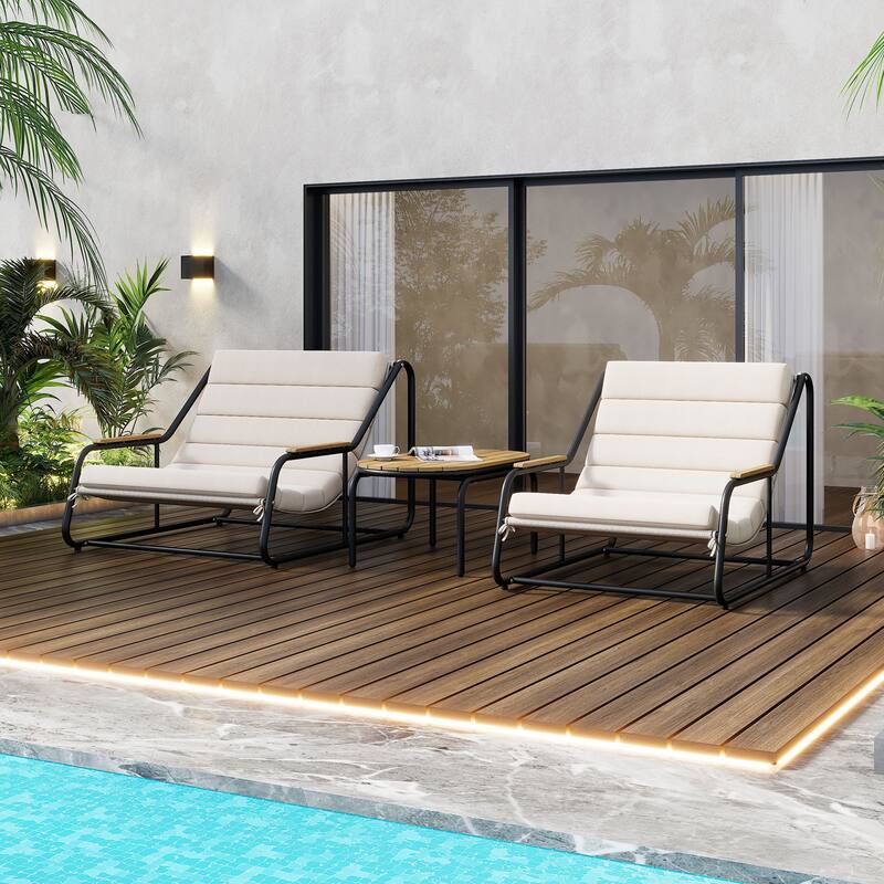 Set of 3 Patio Chaise Lounge Chair with Acacia Side Table