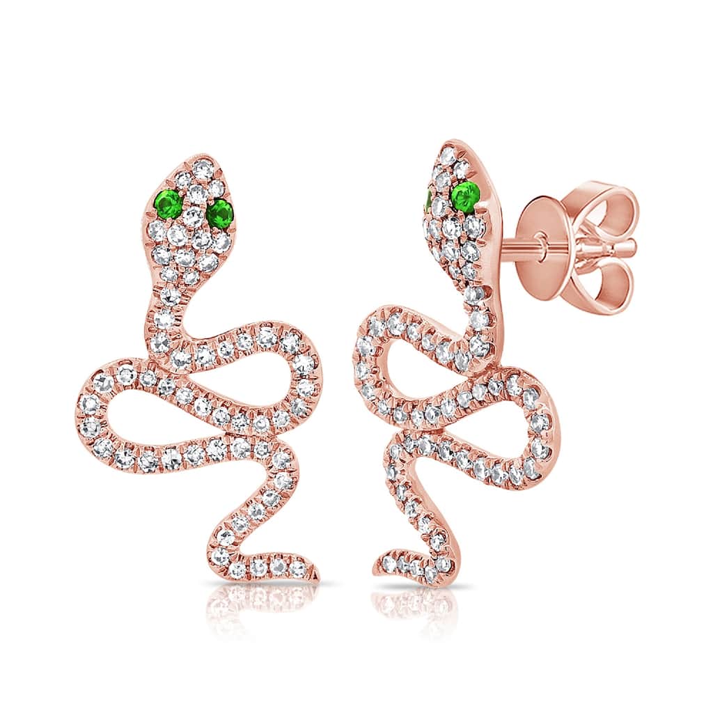 Joelle Collection Diamond Snake Stud Tsavorite Earrings 14K Gold