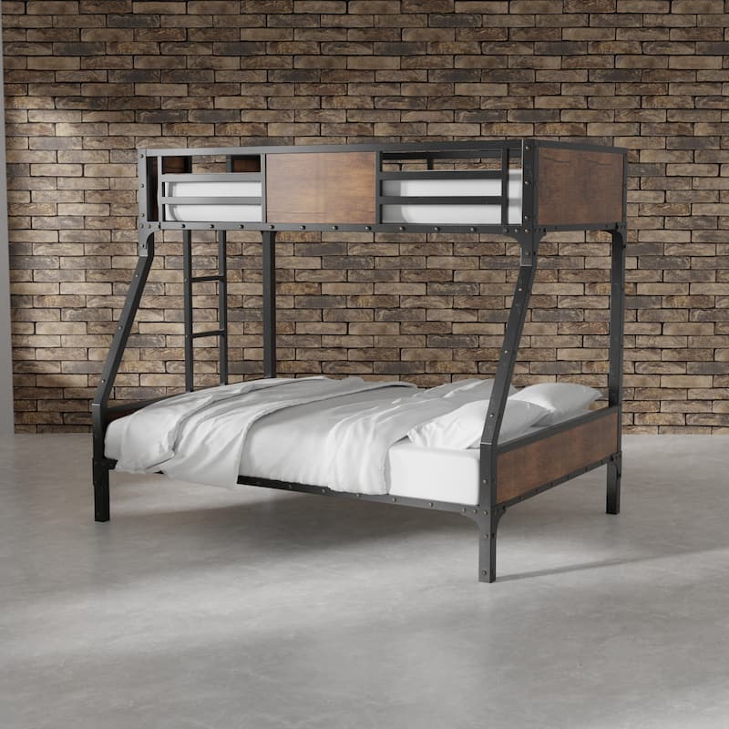 Jown Industrial Black 3-Piece Gel Memory Mattress & Metal Bunk Bed Set by Furniture of America - Twin over Full - 6-inch Mattress