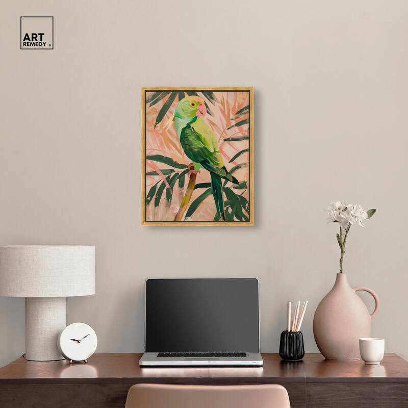 Coral and Green Parrot Canvas by Art Remedy
