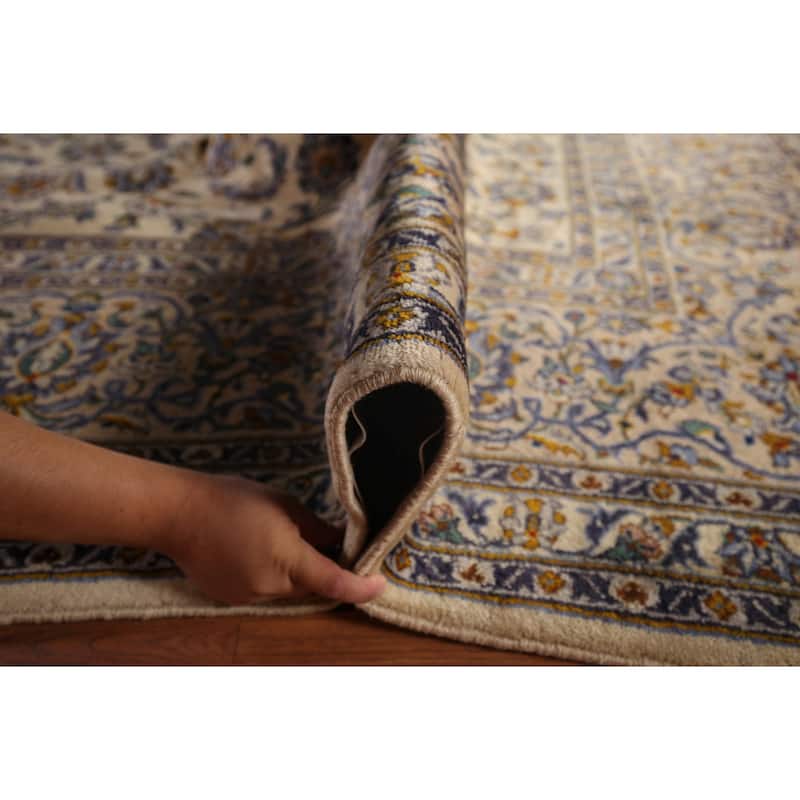 Ivory Floral Kashan Persian Vintage Area Rug Handmade Wool Carpet - 9'10"x 13'2"