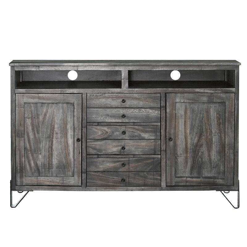 HomeRoots 60" Gray Solid Wood Cabinet Enclosed Storage Distressed TV Stand - 60' X '37.25' X '17.75