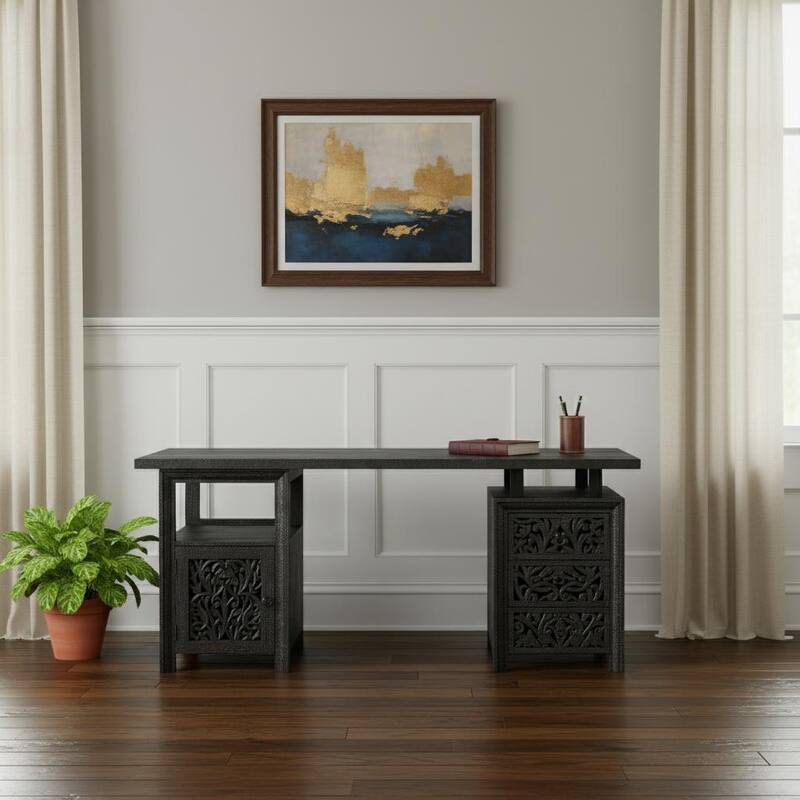 HomeRoots 68" Black Solid Wood and Metal Carved Floral Desk With Three Drawers - Black