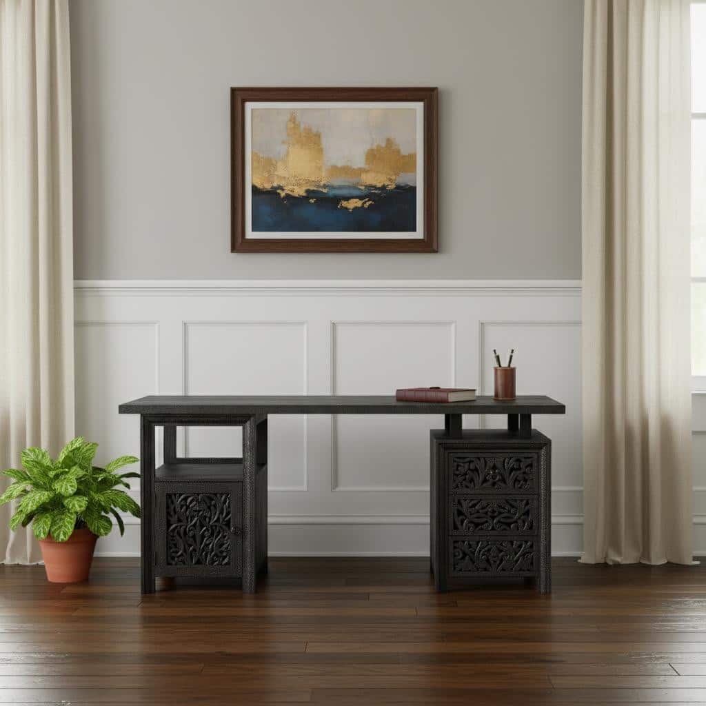 HomeRoots 68" Black Solid Wood and Metal Carved Floral Desk With Three Drawers