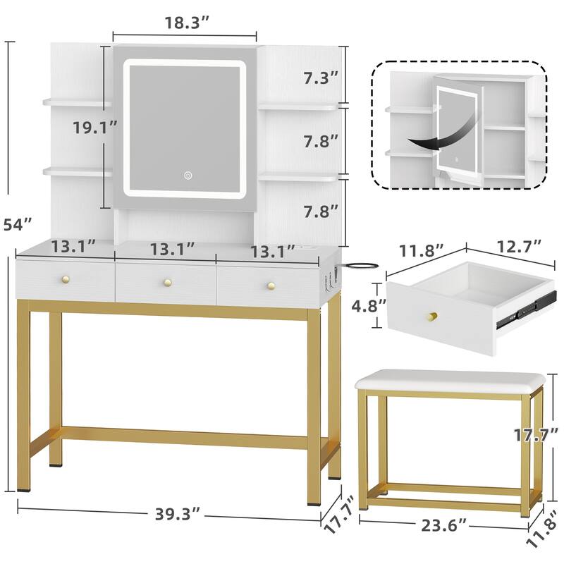 39"W Makeup Vanity Set with Lighted Mirror & Hidden Storage