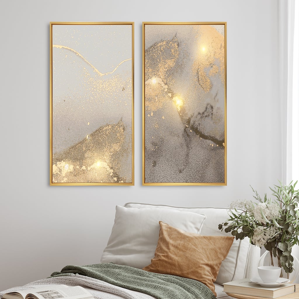 Designart "Grey & Gold Marble Liquid Art II" Abstract Framed Art Set of 2 Pieces