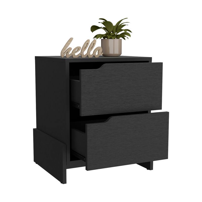 Black Wengue Nightstand with Double Drawers and Sturdy Base