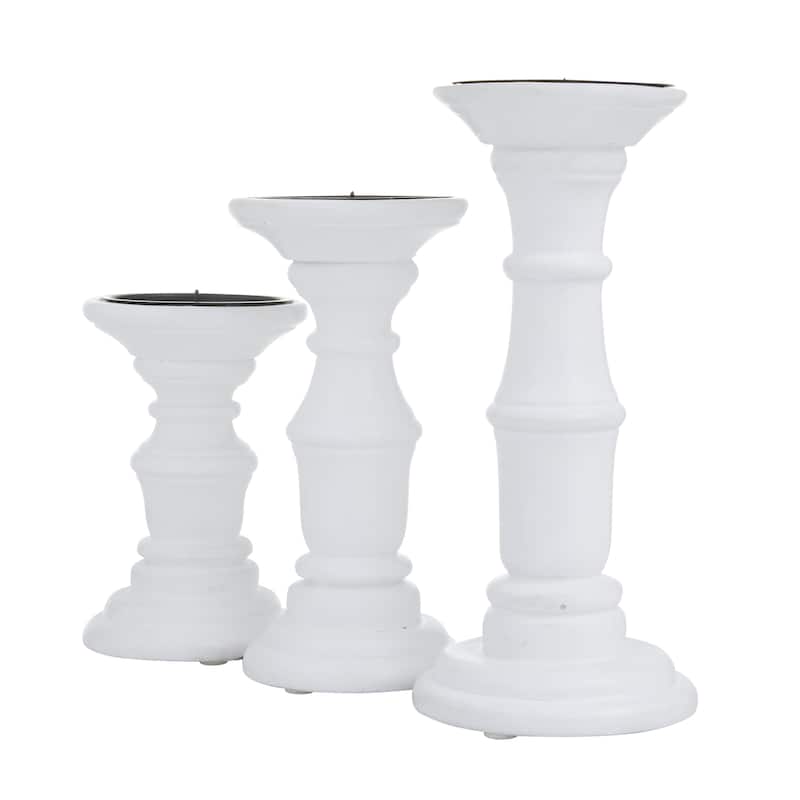 Mango Wood Turned Style Pillar Decorative Candle Holder - Set of 3 White, Black, Gold - Roche River Decor