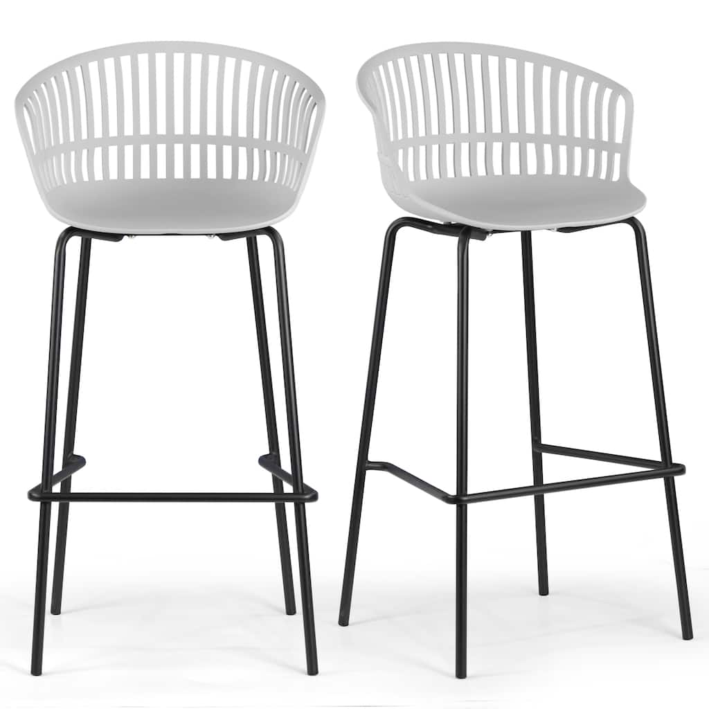 Set of 2 Basil Gray Plastic Barstools with Slatted Back and Iron Legs