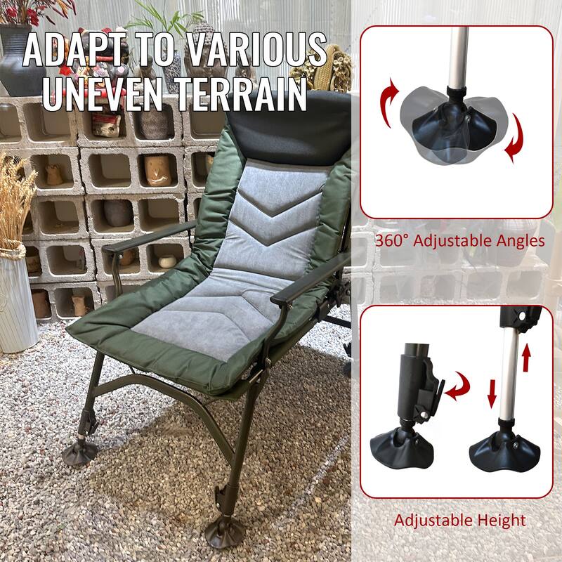 Reclining Camping Chair with Adjustable Backrest & 360° Foot Cup, Foldable Chair with Cushioned Seat & Arc Armrests