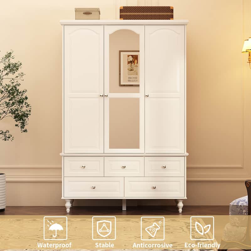70.9"H White Lacquered Armoires Wardrobes With Mirror Doors