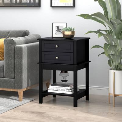 Black Side Table End Table Coffee Table with 2 Drawers and Open Shelf